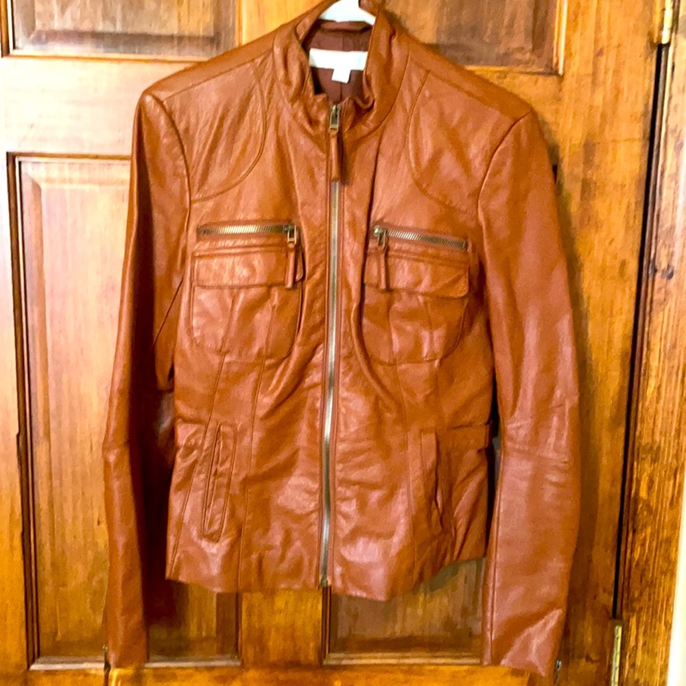 Size- S, pleather, cognac color, jacket.